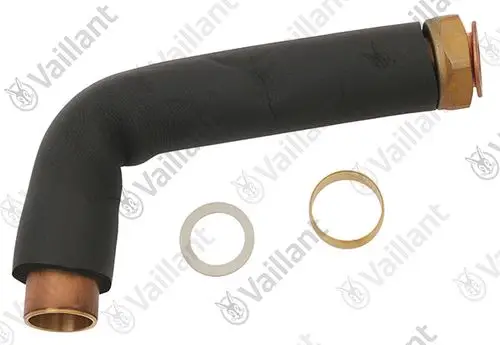 Vaillant-Rohr mit gebogener Form, schwarz isoliert, mit Kupfer- und Messingverbindungsteilen, umgeben von zwei Dichtungen.
